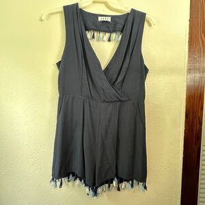THML Size Large Blue Romper with Tassel Emblements and Pocket Zip Back Closure